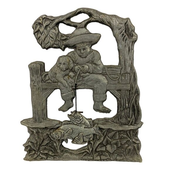 Cast Metal Pewter Fishing Boy & Dog Wall Hanging With Dangle Fish - Picture 1 of 2
